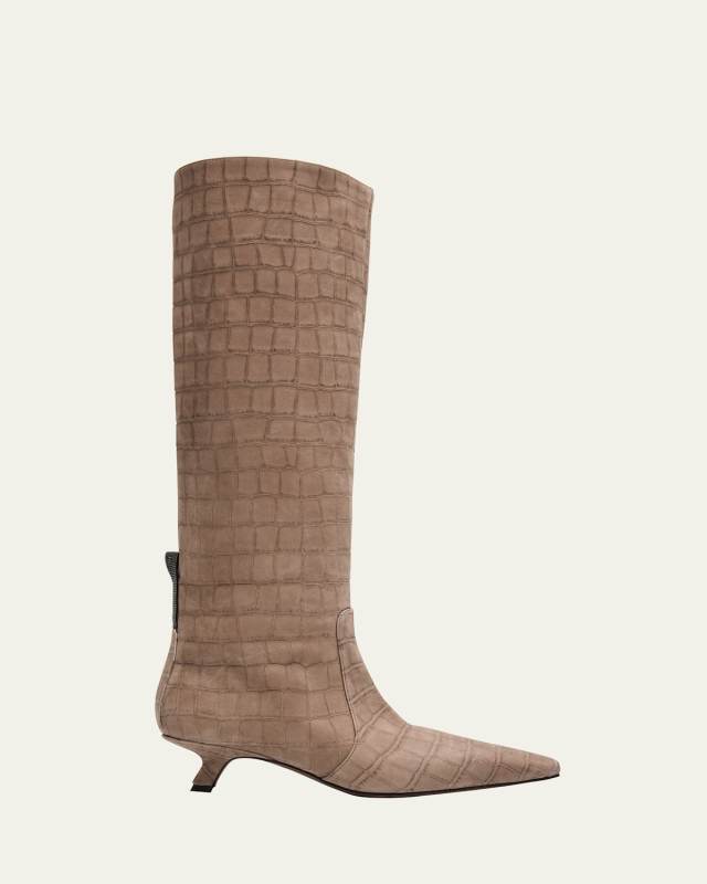 Croco Suede Comma Heel Knee Boots